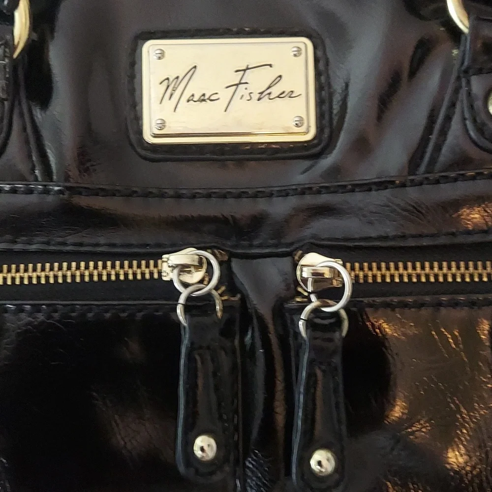 Marc Fisher Women's Black Faux Patent Zip Leather Hobo Bag Purse
